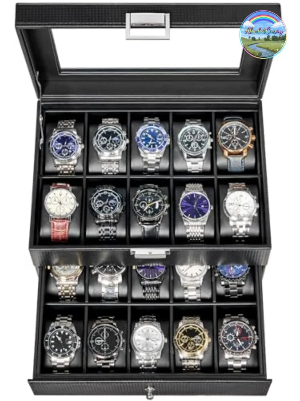 20-Slot Watch Box Organizer with Glass Lid, PU Leather, Velvet Interior, Watch